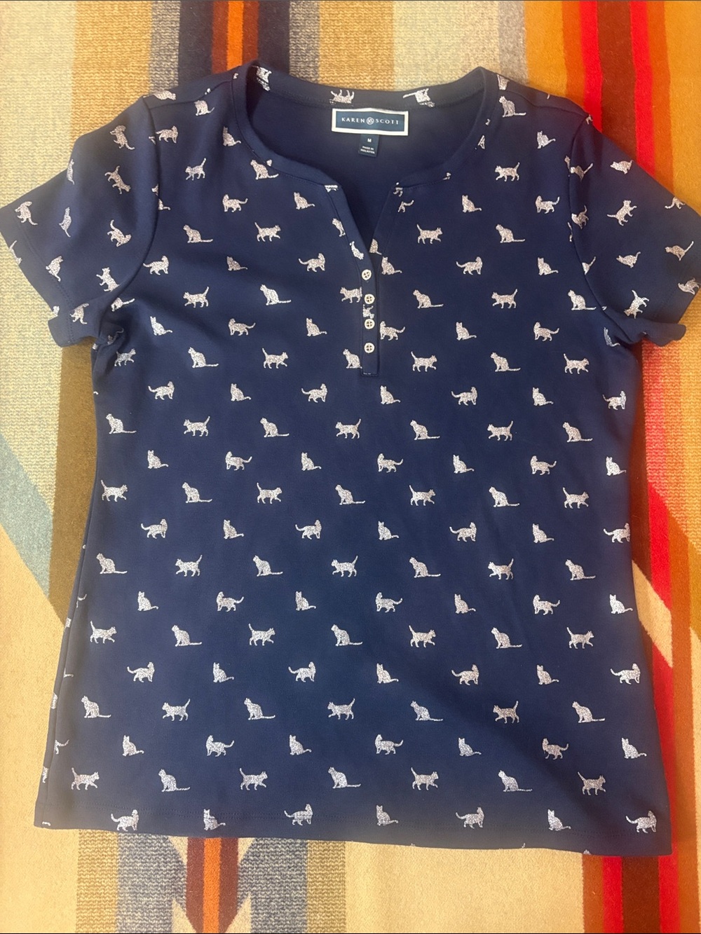 Karen Scott Navy Short Sleeve Henley Top with silver Cat Print